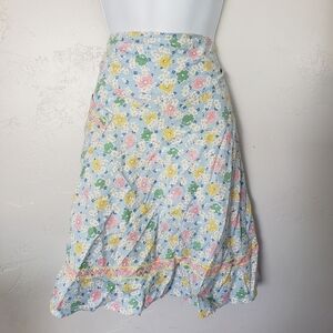 Vintage Handmade Skirt Waist Apron Floral Print Ric-Rac Pink Blue Yellow Green